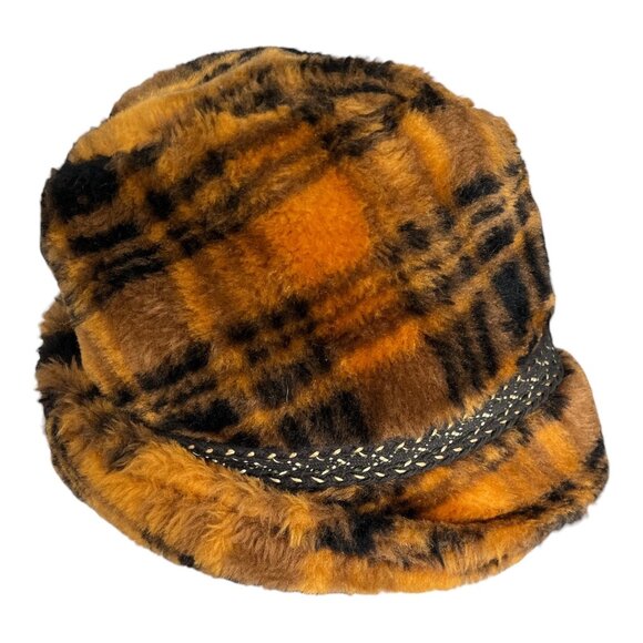 Vintage 1960s Faux Fur Plaid Fedora Hat Brown Orange w/ Feather Accent – Union M - Picture 3 of 7